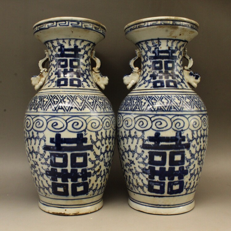 Qingguang Xu Folk Kiln Green Flowers Double Festive Bottle (Pair) Ancient Play Porcelain Antique Pendulum Replica Antique Porcelain Collection