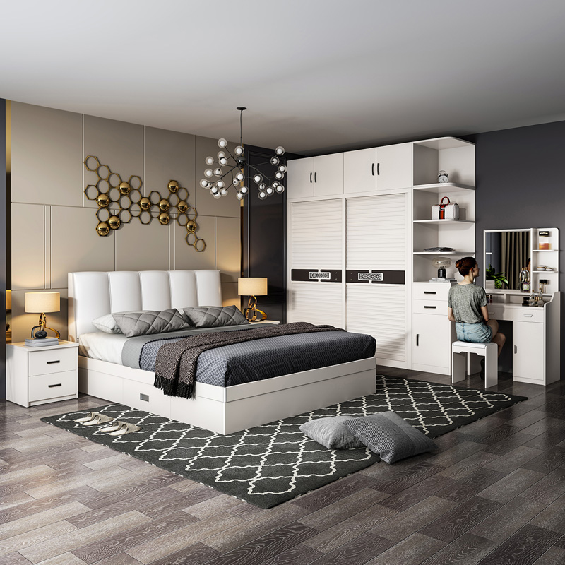 Nordic bed modern simple wardrobe master bedroom double bedroom furniture set combination wedding cabinet whole house match