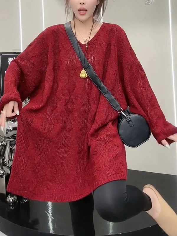 150kg Plus Size Mid-Length Sweater That Covers the Hips, Stylish Autumn and Winter Casual Lazy Style Long-Sleeved V-Neck Knitted Sweater for Women 150kg Plus Size Mid-Length Sweater That Covers the Hips, Stylish Autumn and Winter Casual Lazy Style Long-Sleeved V-Neck Knitted Sweater for Women
