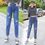 2019 phụ nữ mới mùa hè lỗ thời trang eo cao chín điểm quần jeans cotton ống rộng thẳng giản dị - Quần jean