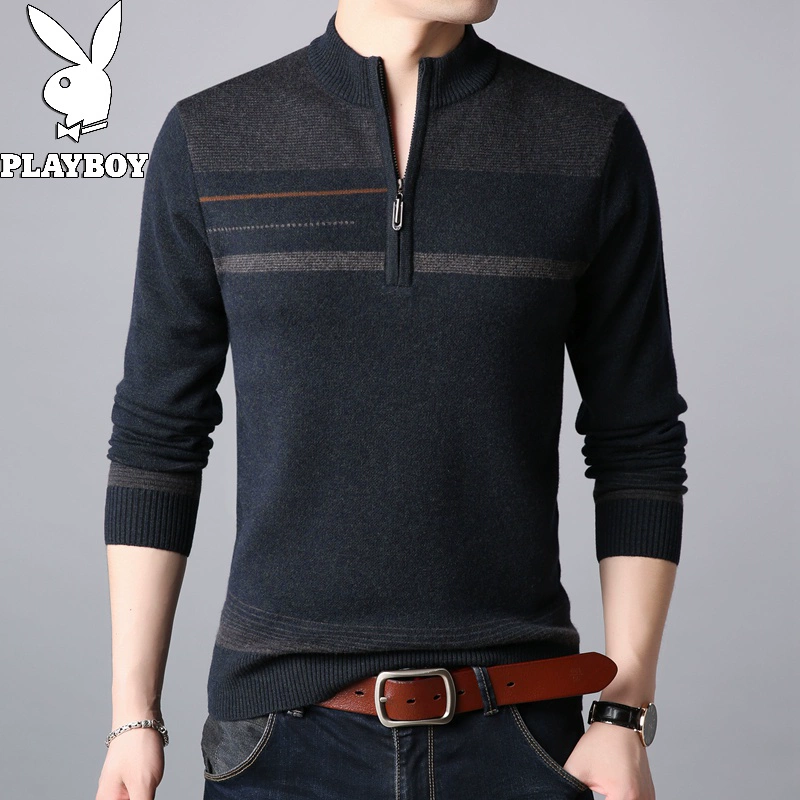 Playboy nam len đầy đủ áo len mùa thu và mùa đông dày đan áo len dệt kim nam nửa cao dây kéo áo len bên ngoài mặc - Cardigan