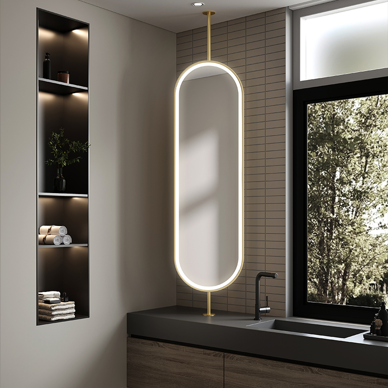 Boom luminous hanging mirror suspended toilet top of the sky Swivel Mirror Hotel Oval Metal Pole Support Mirror-Taobao