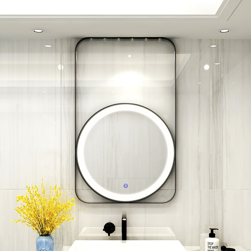 Bathroom mirror gold luminous chandelier with touch screen suspended hostel metal frame toilet mirror wall hanging