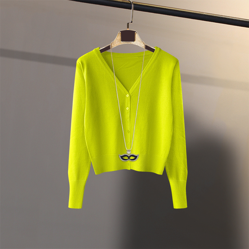 Retro Knitted Cardigan for Women, Spring & Fall Outerwear, Skirt, Shawl, Small Jacket, V-Neck, Versatile Pure Color Fluorescent Green Top