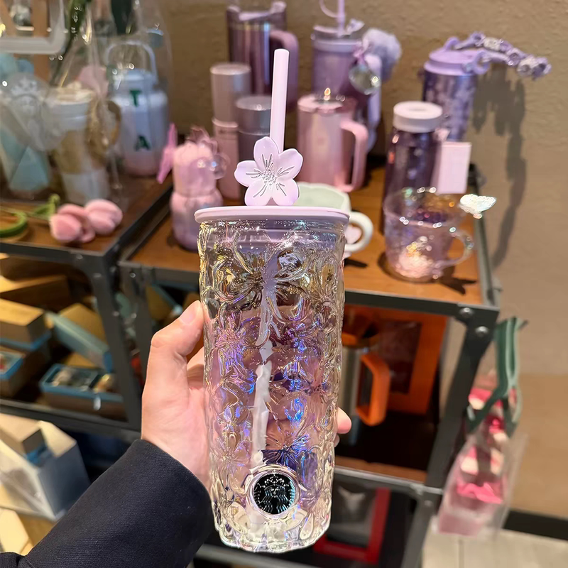 Starbucks Cup New Model Twilight Cherry Triangle Glass Straw Cup Large Capacity Water Cup Birthday Gift for Girls