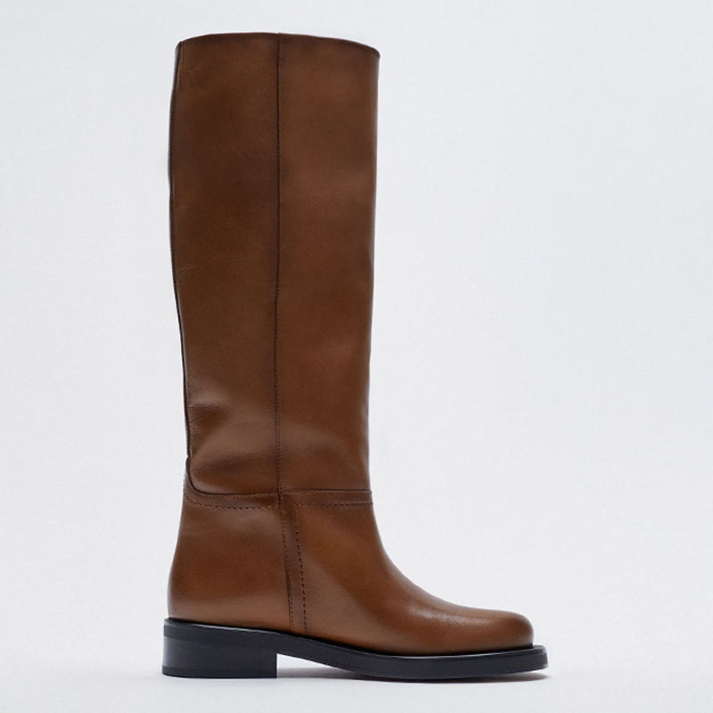 Autumn and Winter Retro Style British Denim Knight Brown Over-The-Knee Long Boots for Women, Chunky Heel High Leather Boots, Slimming Long Boots