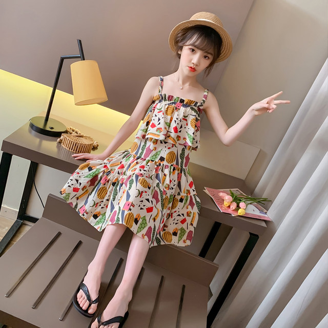 Girls summer suspender dress 2023 new big children's cotton skirt 7 little girl floral beach skirt long skirt 9