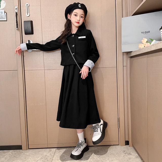 Girls' suit suit spring and autumn 2023 new middle and big boys Han Fan Yinglun style black small suit two-piece skirt