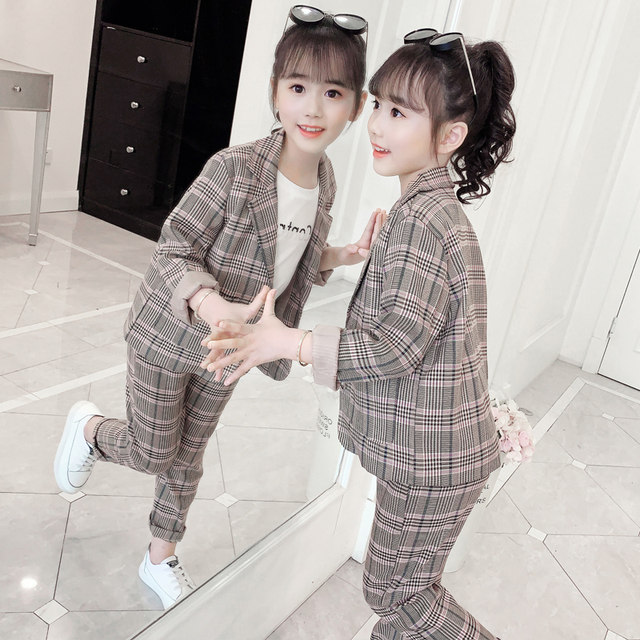 Girls spring and autumn suit suit 2023 new big boy Korean version plaid small suit little girl foreign style two-piece suit