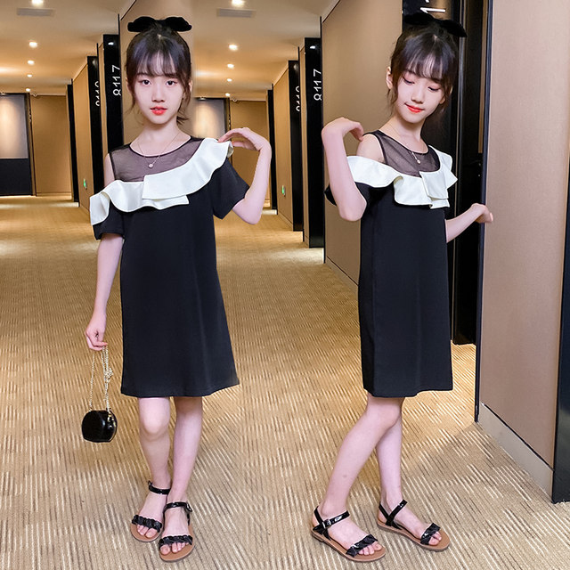 Girls summer chiffon dress 20 new big children's mid-length ruffles one-shoulder bag hip off-shoulder princess dress