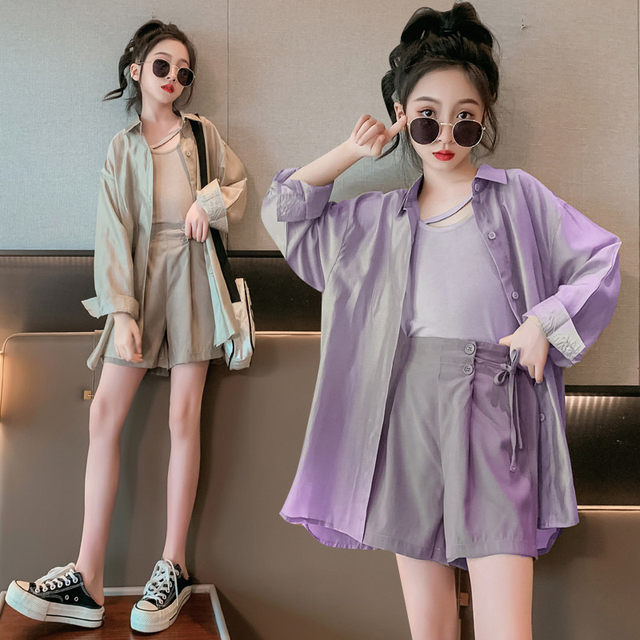 Girls' summer sun protection clothing suit 2023 new Korean version of the big boy's fashionable girl's vest shorts three-piece suit