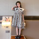 Girls' dress summer doll collar middle-aged and older children's lapel flocking skirt children's summer dress little girl wears long skirt