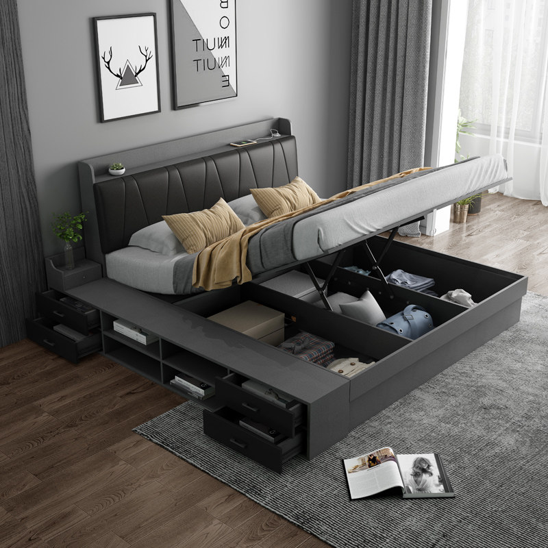 Nordic bed modern simple pneumatic high box bed master bedroom double bed 1 8 m 1 5m plate bed storage bed