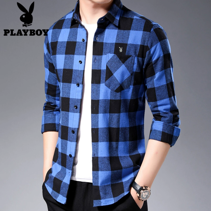 Playboy kẻ sọc áo dài tay nam 2019 mùa thu áo sơ mi nam mỏng Hàn Quốc phiên bản áo thun cotton nam mỏng tinh khiết - Áo