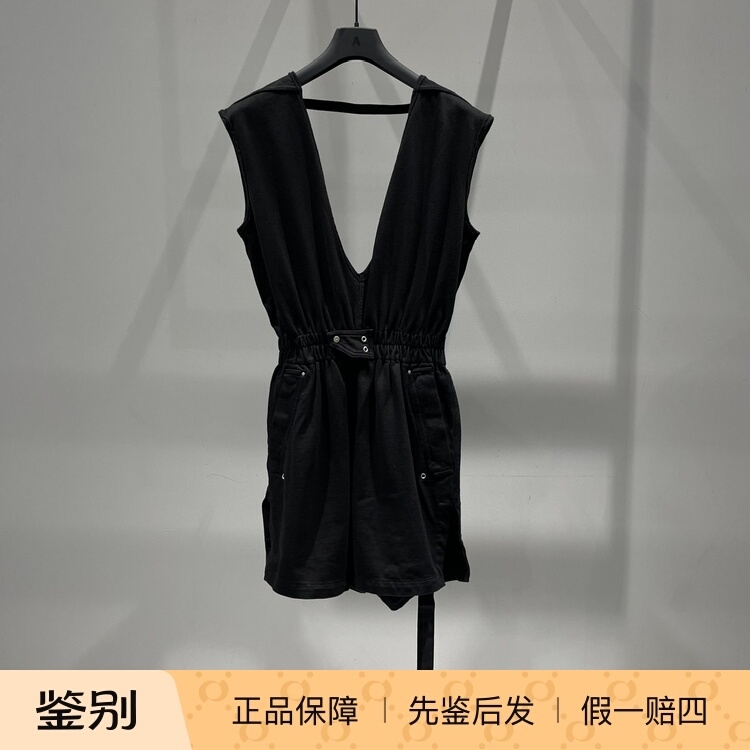 Special Offer Rick Owens Drkshdw Black V-Neck Sleeveless Rolled Hem One-Piece Shorts with Ribbons Ds02A3527