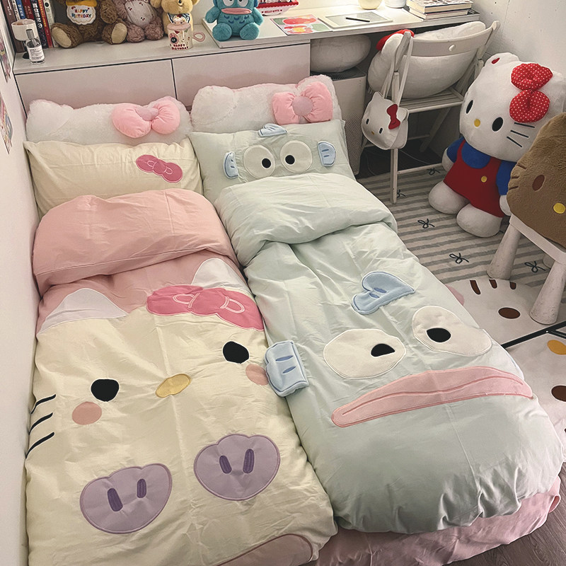 晚安猫少女心纯棉四件套可爱卡通床单被套全棉宿舍三件套床品