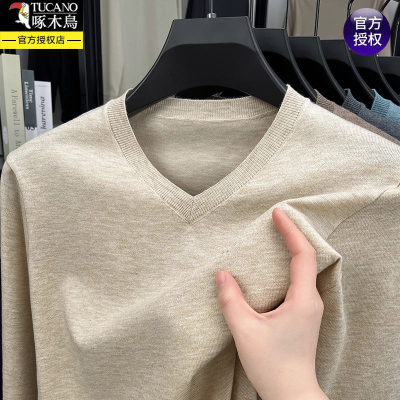 Woodpecker Knitwear Men's 2025 Spring and Autumn New Base Long-Sleeve T-Shirt High-End Solid Color V-Neck Sweater Top