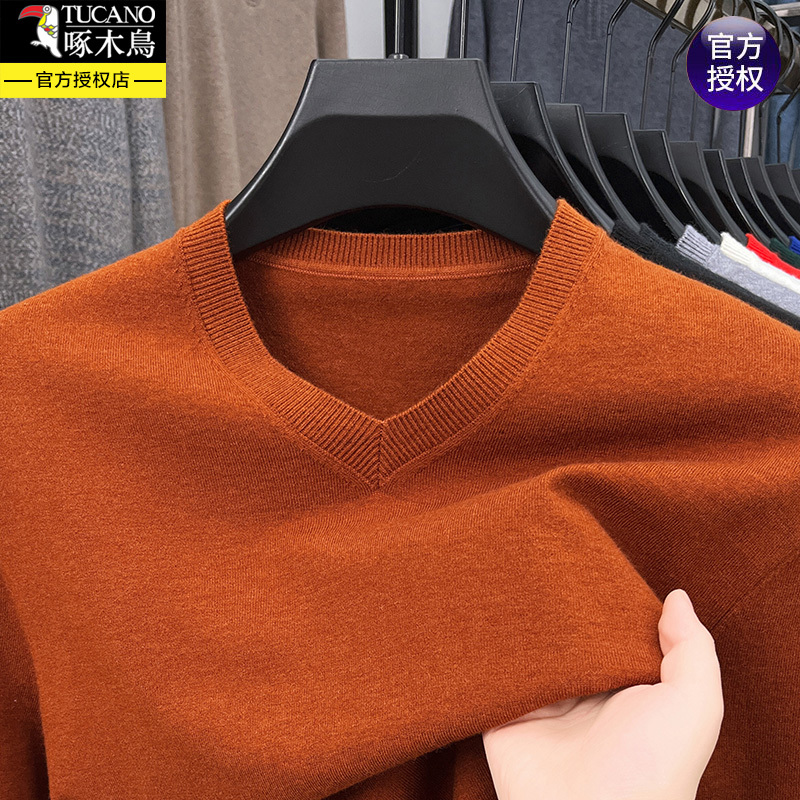 Woodpecker Sweater Men's Thickened V-Neck Sweater Middle-Aged Business Casual Solid Color Round Neck Knitted Base Shirt