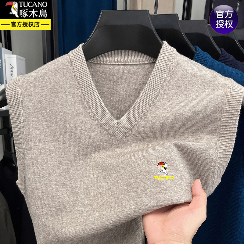 Woodpecker Men's Vest Spring and Autumn V-Neck Solid Color Knitted Vest Middle-Aged and Elderly Dad Sleeveless Knitted Sweater
