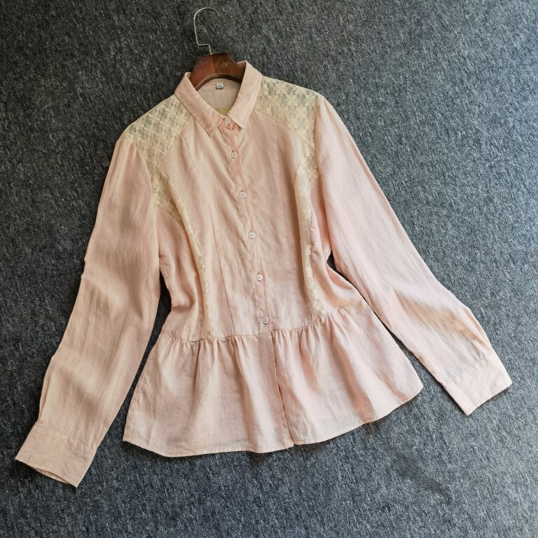 100% Linen Spring and Autumn New Pink Long-Sleeve Women's Shirt with Ruffled Edges and Lace Trim