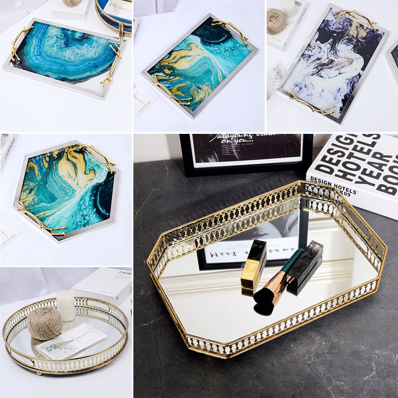 Tray Rectangular household light luxury Nordic ins Stainless steel round fruit jewelry cup Tea set storage tea tray