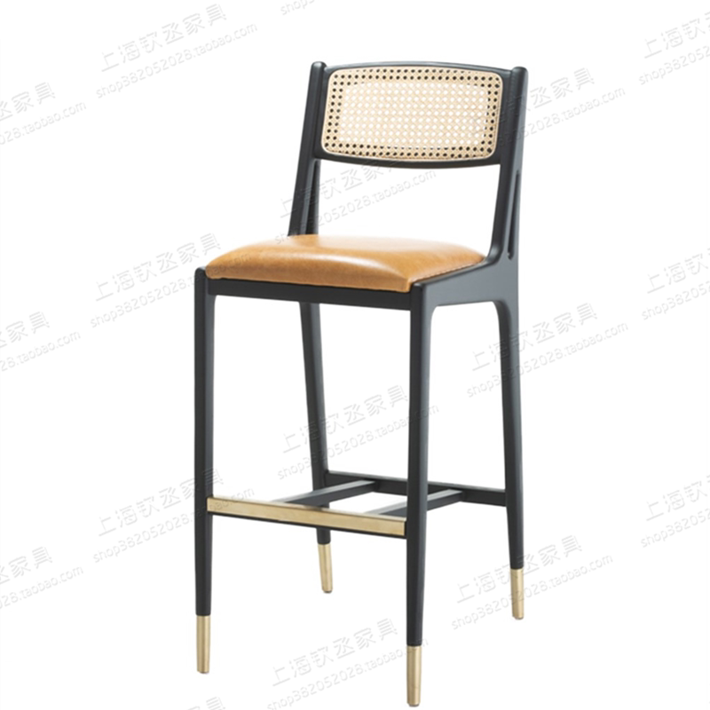 New Chinese style solid wood rattan bar chair high stool modern minimalist light luxury designer bar chair home back chair