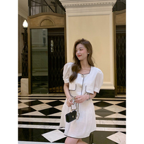 cchen Chen Chen_White small fragrance suit women 2022 summer new square collar thin two-piece short-sleeved top