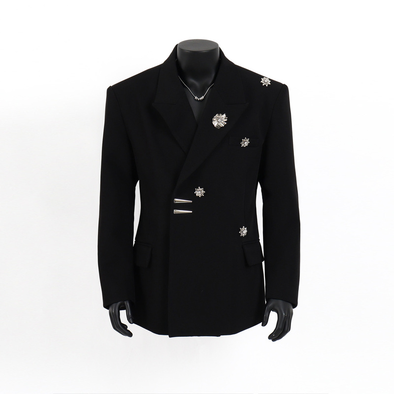 Starlit Sky Niche Silhouette Shoulder-Padded Black Blazer for Men, Light Luxury Metal Decoration, Waist-Cinching Suit, Trendy