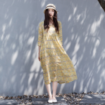 Socialite party summer new yellowish long dress s stripe pure Ramie printed literary loose long-sleeved dress