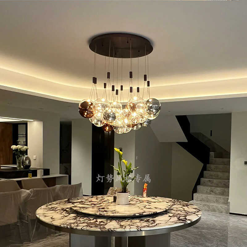 Italian Glass Decorative Dining Room Chandelier, Duplex Staircase, Open Space, Creative Living Room, Simple Study Room, Bubble Art Lamp
