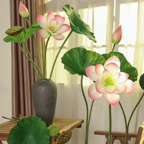 С шестом PU, фальшивые цветы лотоса, настоящие листья лотоса, ландшафт сцены бассейна, реквизит ландшафтной фотографии украшения