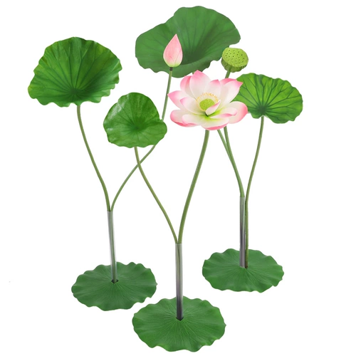 С шестом PU, фальшивые цветы лотоса, настоящие листья лотоса, ландшафт сцены бассейна, реквизит ландшафтной фотографии украшения