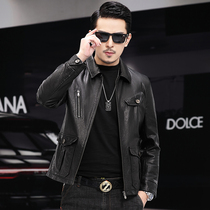 First layer leather motorcycle leather men's short lapel oil wax jacket zipper large size pocket spring and autumn coat