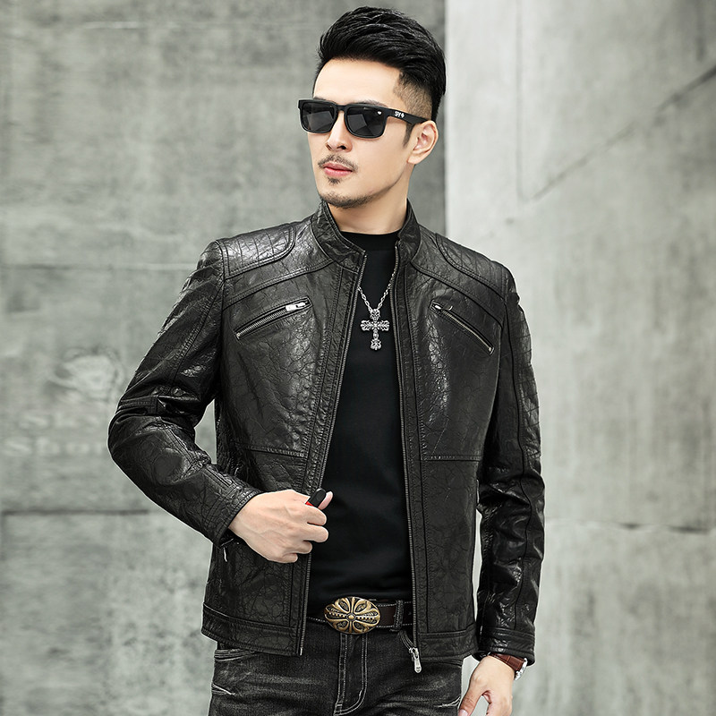Real leather clothing male short section imported retro made of old calf leather oil wax leather upright collar with leather jacket locomotive jacket