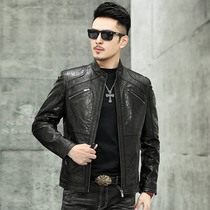Leather leather men's short imported vintage old calf leather wax leather stand collar slim leather jacket motorcycle coat