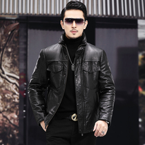 Leather Down Jacket Men's Short Loose Large Dock Layer Cowhide Warm Winter Standing Collar Youth Haining Leather Jacket