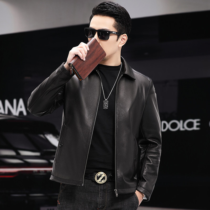 Real leather leather clothing male short section Thin Deer Leather Spring Autumn Pull Chain Side Slit Pocket Turnover Seining Locomotive Leather Jacket Jacket