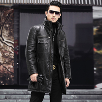 Leather down jacket men's medium and long large dock layer cowhide warm winter stand collar middle-aged father leather coat coat