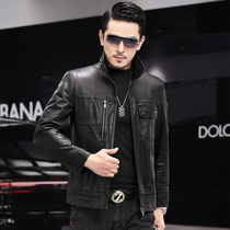 Leather leather men's short retro oil wax calf leather lapel size middle-aged pocket casual jacket motorcycle jacket