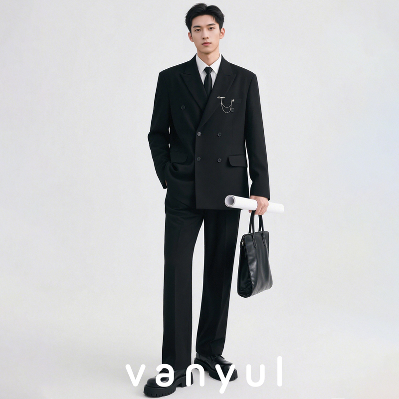 Vanyul Men's Suit Double-Breasted Groom Wedding Dress High-End Banquet Host Loose Casual Suit
