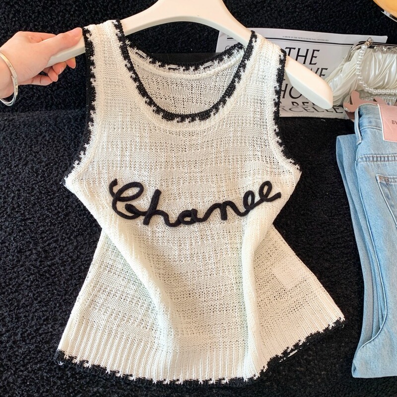 Shenzhen Nanyou High-End Women's Clothing 2026 Summer New Letter Embroidery Ice Silk Hollow Knitwear Sleeveless Vest Top