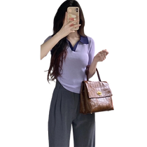 Purple Polo collar short-sleeved sweater for women in summer pure lusty style sexy tight-fitting slim temperament versatile short top