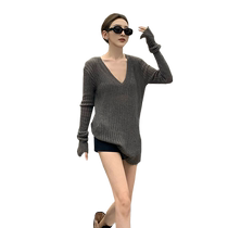 Retro V-neck gray pit stripe sweater for women 2022 autumn and winter new style loose slimming lazy style long-sleeved top ins