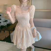 Large size 2021 summer sexy square collar lace strapless mesh dress women's fashion trend waist A- line skirt