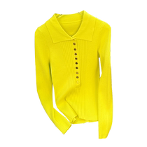 Design niche polo collar solid color long-sleeved knitted sweater womens autumn new slim slim versatile top trendy