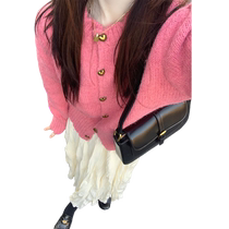 Korean style wavy edge love button sweater cardigan for women autumn and winter new style slimming versatile age-reducing temperament knitted top trendy