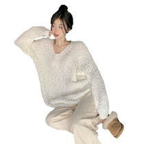 Gentle wind white soft glutinous knitting sweater woman in autumn new loose lazy style V-collar long coat