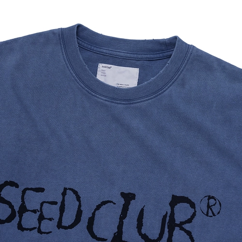 SeedClub21 двойная пряжа длинная бархатная хлопчатобумажная азета для окрашенной воды, старый разрушительный логотип почерка с коротким рукавом с коротким рукавом