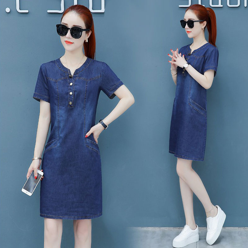 2021 summer new large size women's denim dress is thin and slim, Western style is very fairy popular temperament skirt tide