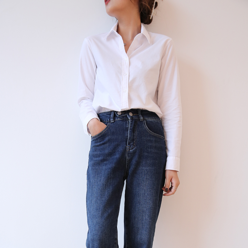 LNKK Spring Autumn section Beating Bottom White Career Interview Shirt Woman Loose Straight Drum Pure Cotton Brief about 100 Lap Shirt Woman